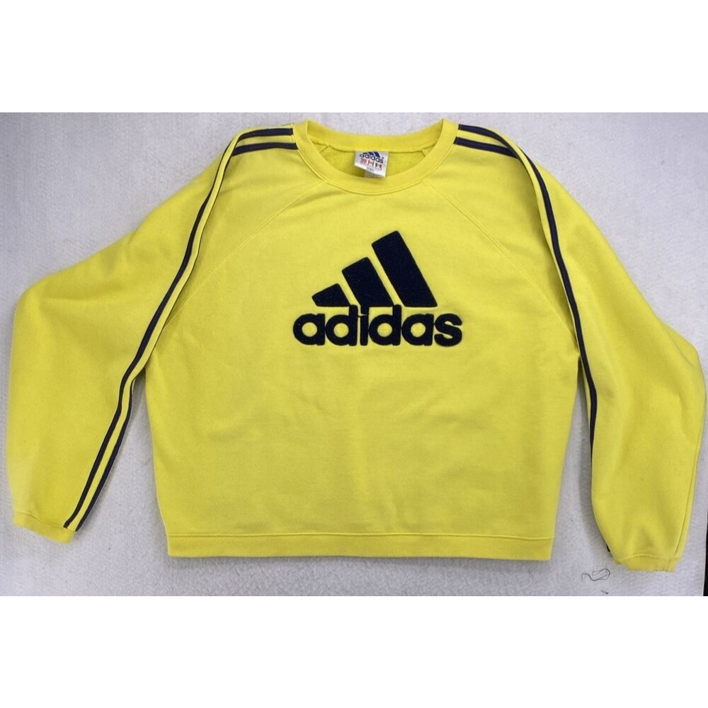 VTG Adidas Crewneck Sweatshirt Mens XL Yellow Navy Blue 3 Stripe Sleeve Big Logo